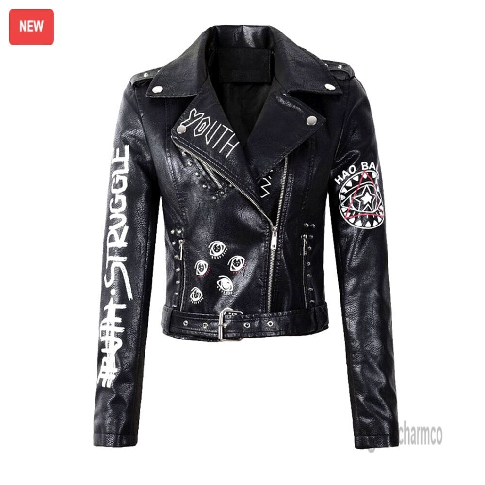 Faux Leather Punk Biker Jacket with Belt, Size S-M-L-XL